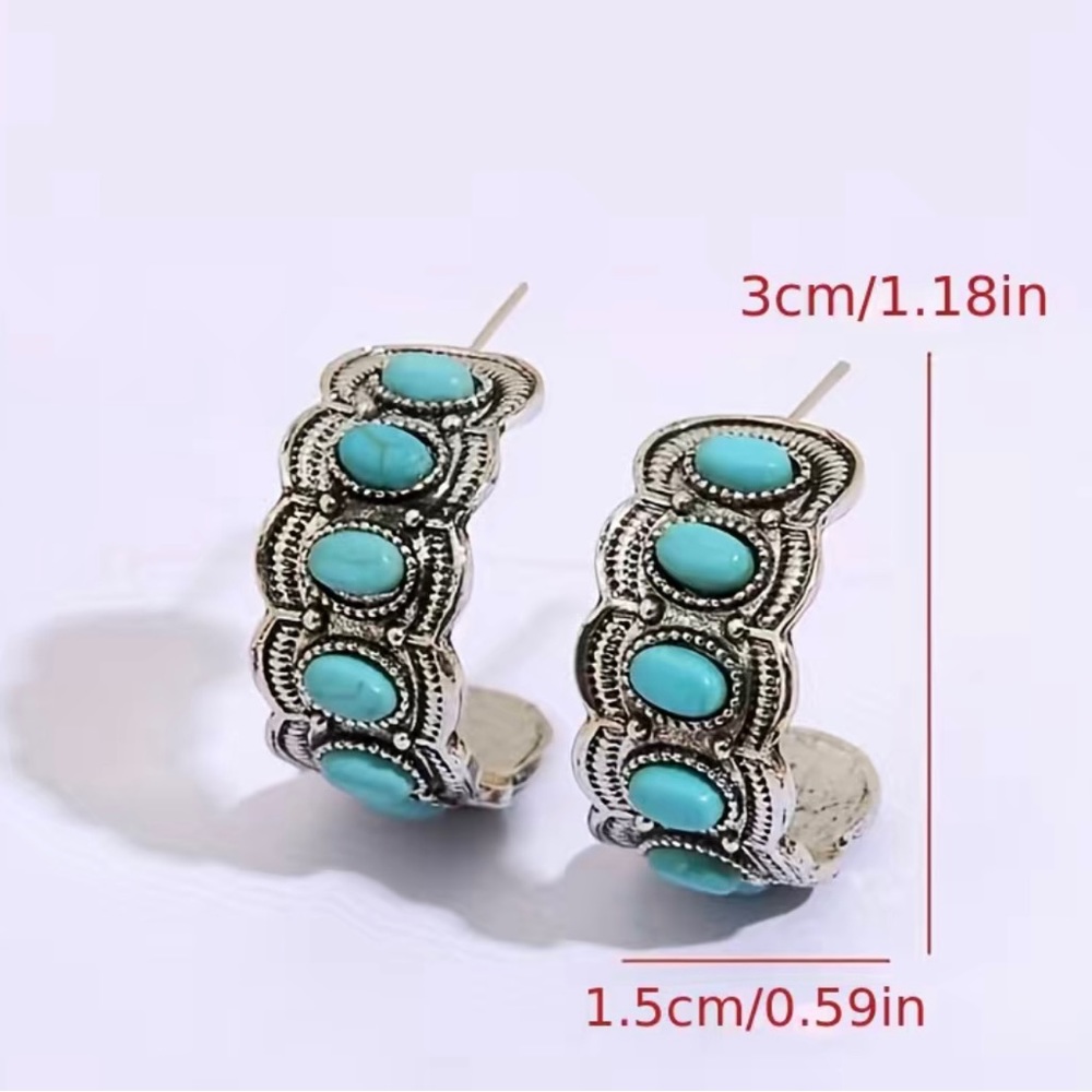 large boho turquoise design hoop earrings - Picture 2 of 3